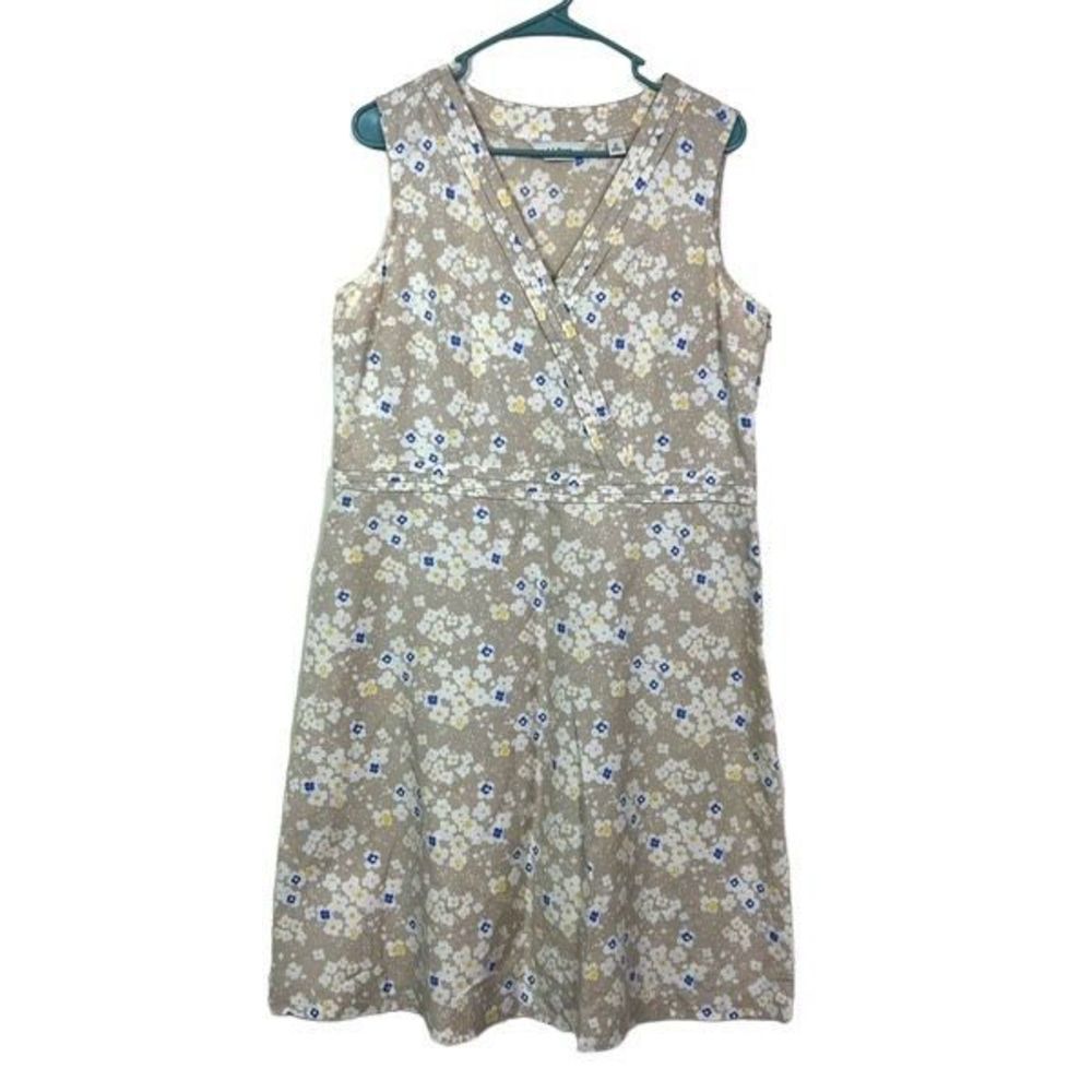 L.L. Bean Size 14 Linen Blend Dress Tan/Blue Floral V-Neck Sleeveless A-Line